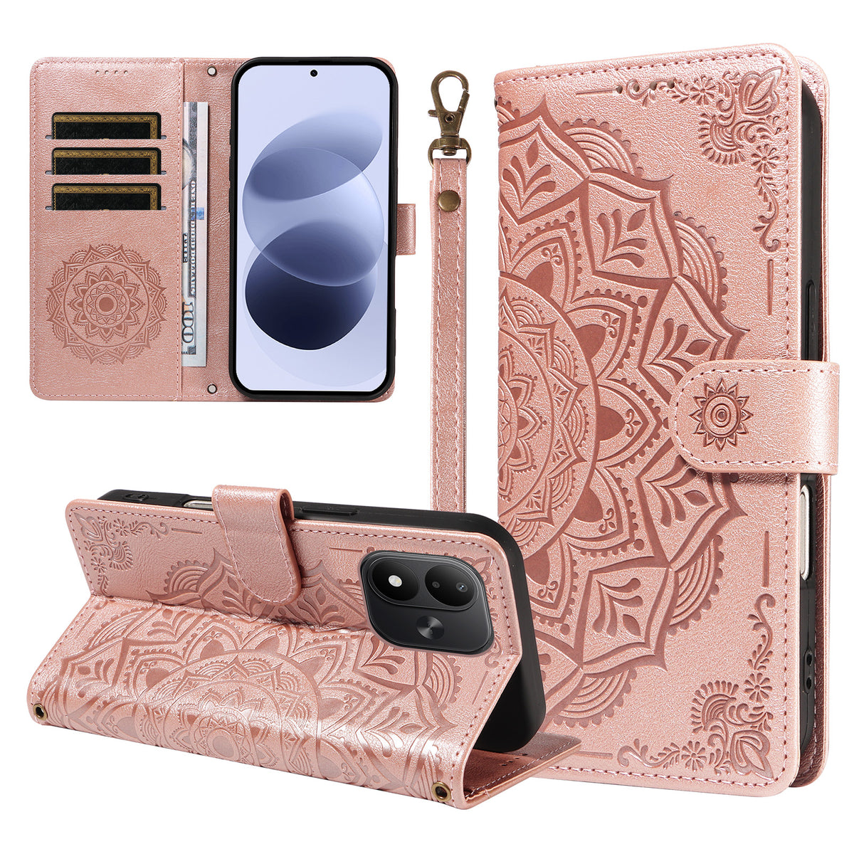For Xiaomi Redmi Note 17 4G (Global) / Xiaomi Redmi Note 17 (India/China) 5G / Xiaomi Redmi Note 17 5G (Global) Wallet Case Embossed Mandala Pattern PU Leather + TPU Cover with Wrist Strap