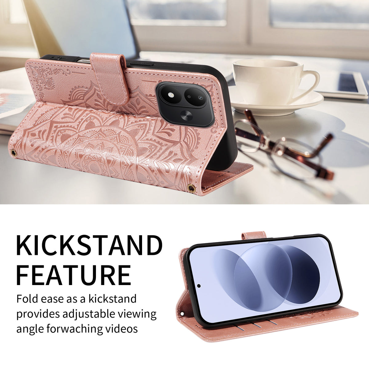 For Xiaomi Redmi Note 17 4G (Global) / Xiaomi Redmi Note 17 (India/China) 5G / Xiaomi Redmi Note 17 5G (Global) Wallet Case Embossed Mandala Pattern PU Leather + TPU Cover with Wrist Strap