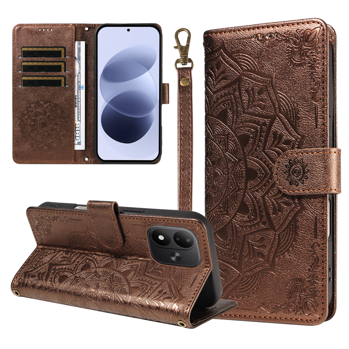 For Xiaomi Redmi Note 17 4G (Global) / Xiaomi Redmi Note 17 (India/China) 5G / Xiaomi Redmi Note 17 5G (Global) Wallet Case Embossed Mandala Pattern PU Leather + TPU Cover with Wrist Strap