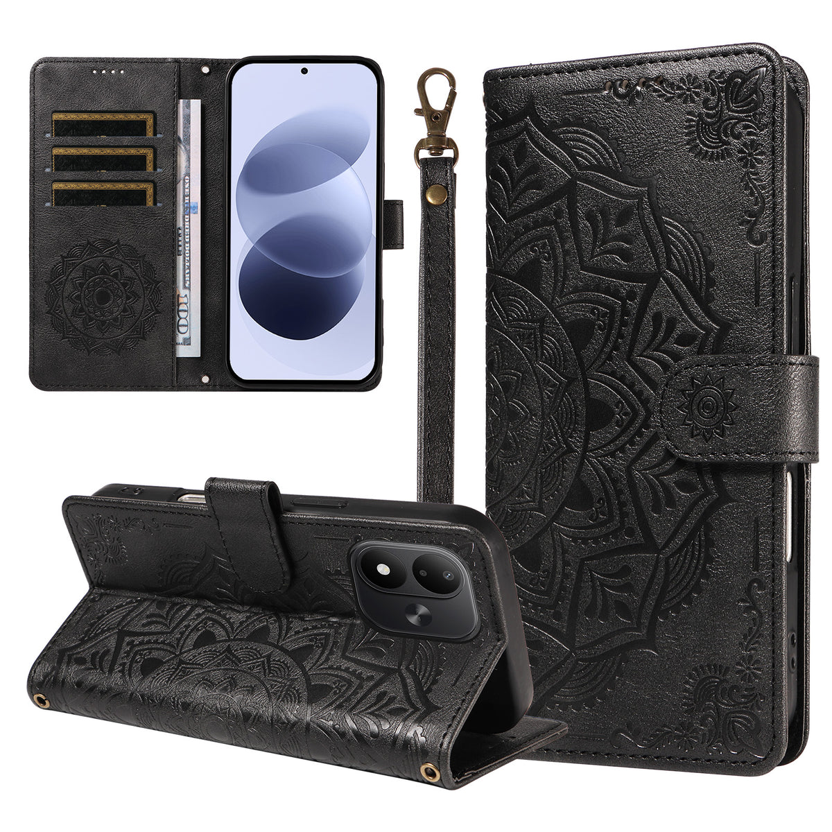 For Xiaomi Redmi Note 17 4G (Global) / Xiaomi Redmi Note 17 (India/China) 5G / Xiaomi Redmi Note 17 5G (Global) Wallet Case Embossed Mandala Pattern PU Leather + TPU Cover with Wrist Strap