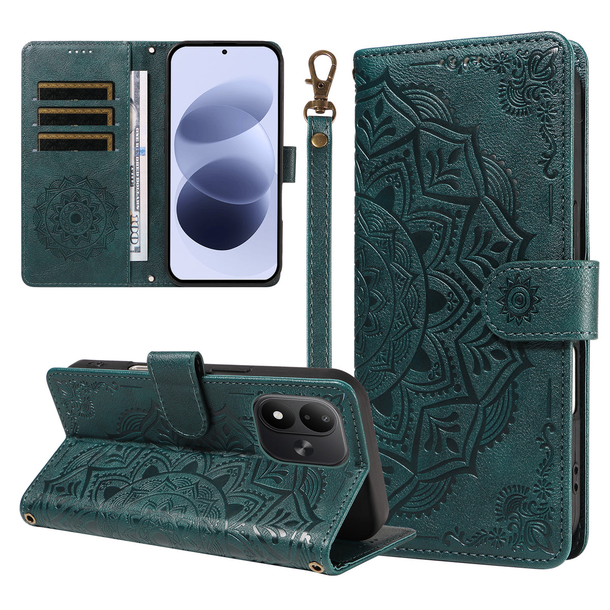 For Xiaomi Redmi Note 17 4G (Global) / Xiaomi Redmi Note 17 (India/China) 5G / Xiaomi Redmi Note 17 5G (Global) Wallet Case Embossed Mandala Pattern PU Leather + TPU Cover with Wrist Strap