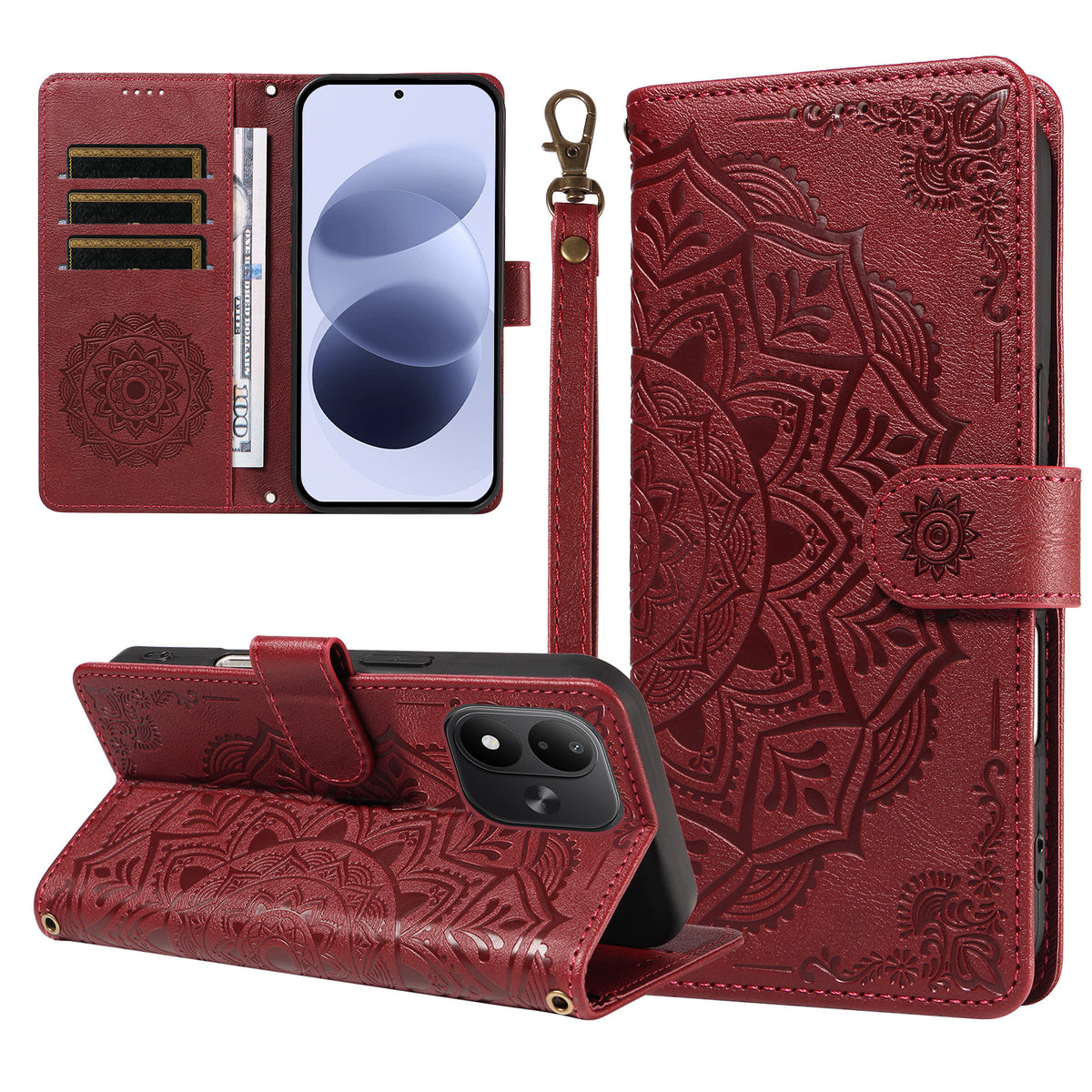For Xiaomi Redmi Note 17 4G (Global) / Xiaomi Redmi Note 17 (India/China) 5G / Xiaomi Redmi Note 17 5G (Global) Wallet Case Embossed Mandala Pattern PU Leather + TPU Cover with Wrist Strap