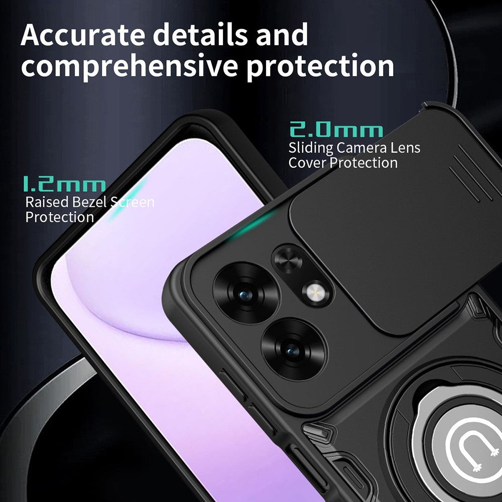 Telefoncover med skydelåg til kamera til Honor 600 Smart 5G / X7e Plus 5G / X7e Plus 4G, Ring Kickstand PC + TPU bagcover