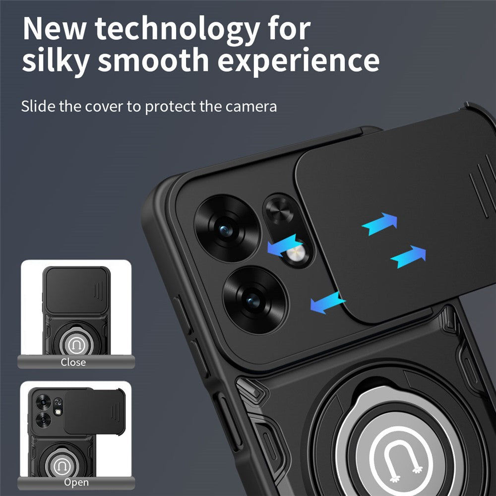 Telefoncover med skydelåg til kamera til Honor 600 Smart 5G / X7e Plus 5G / X7e Plus 4G, Ring Kickstand PC + TPU bagcover