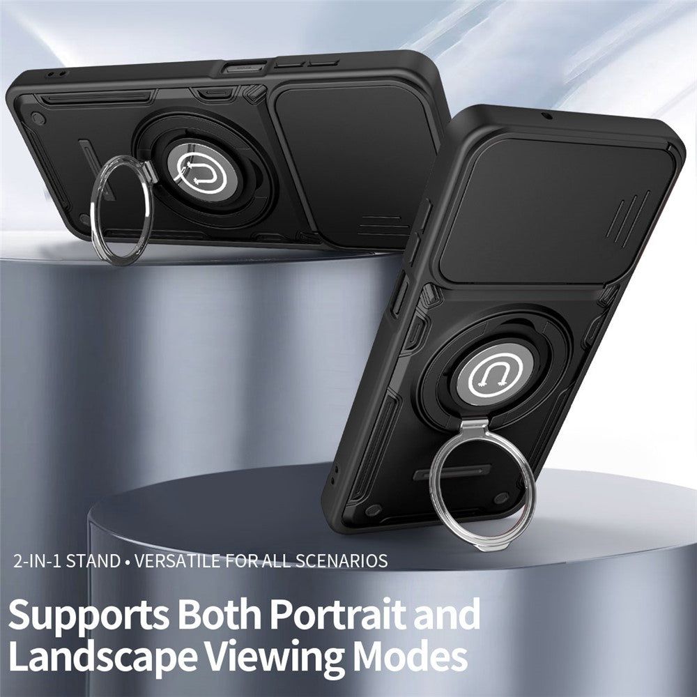Telefoncover med skydelåg til kamera til Honor 600 Smart 5G / X7e Plus 5G / X7e Plus 4G, Ring Kickstand PC + TPU bagcover