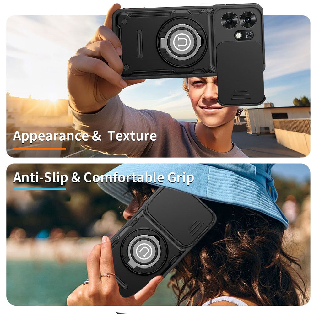 Telefoncover med skydelåge til kameraet til Honor 600 Smart 5G / X7e Plus 5G / X7e Plus 4G, ringstativ i PC + TPU-bagcover