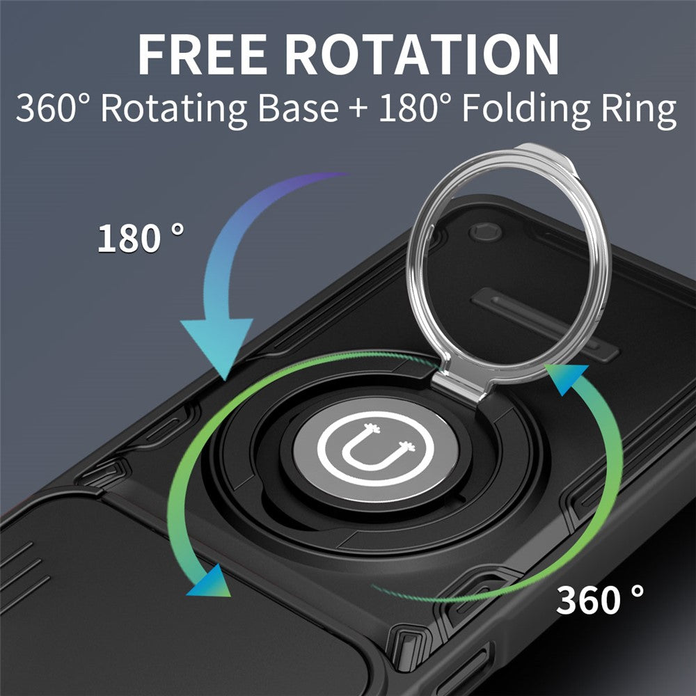 Telefoncover med skydelåg til kamera til Honor 600 Smart 5G / X7e Plus 5G / X7e Plus 4G, Ring Kickstand PC + TPU bagcover