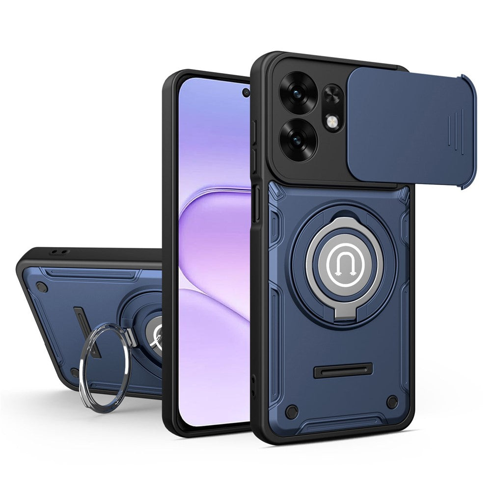 Telefoncover med skydelåg til kamera til Honor 600 Smart 5G / X7e Plus 5G / X7e Plus 4G, Ring Kickstand PC + TPU bagcover