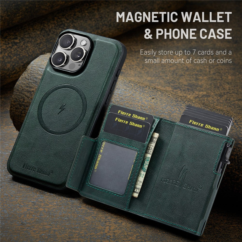 FIERRE SHANN FS031 för iPhone 13 Pro Max Magnetiskt Skal med Avtagbar Korthållare RFID-blockerande TPU + PU-läder Mobilskal