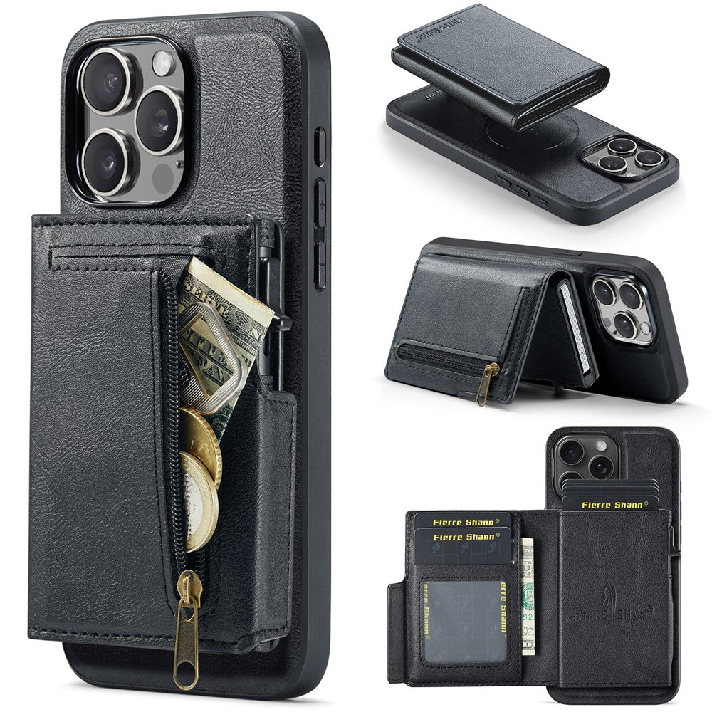 FIERRE SHANN FS031 för iPhone 13 Pro Max Magnetiskt Skal med Avtagbar Korthållare RFID-blockerande TPU + PU-läder Mobilskal