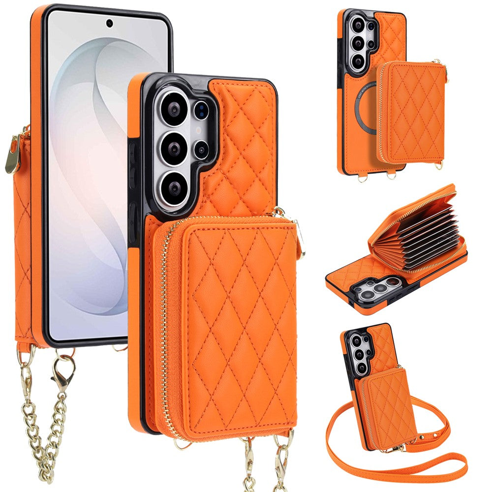 For Samsung Galaxy S26 Ultra Magnetic Case Detachable Quilted Zipper Card Holder PU Leather Phone Back Cover with Crossbody Strap