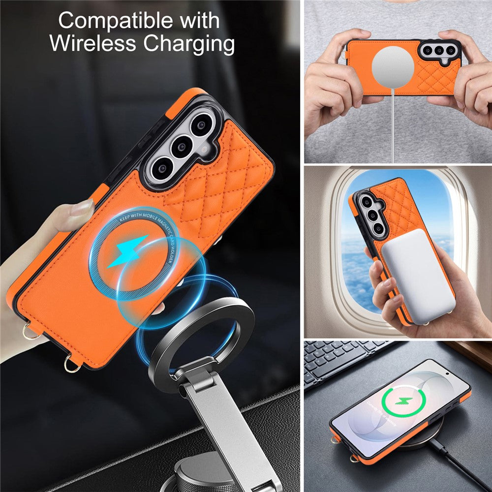Samsung Galaxy S25+ magnetisk cover med aftagelig polstret kortholder med lynlås, PU-læder-mobilcover med skulderrem
