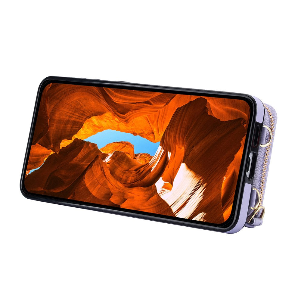 Samsung Galaxy S25 Magnetiskt Skal Avtagbart Vadderat Blixtlås Korthållare PU-läder mobil Baksida med Axelrem