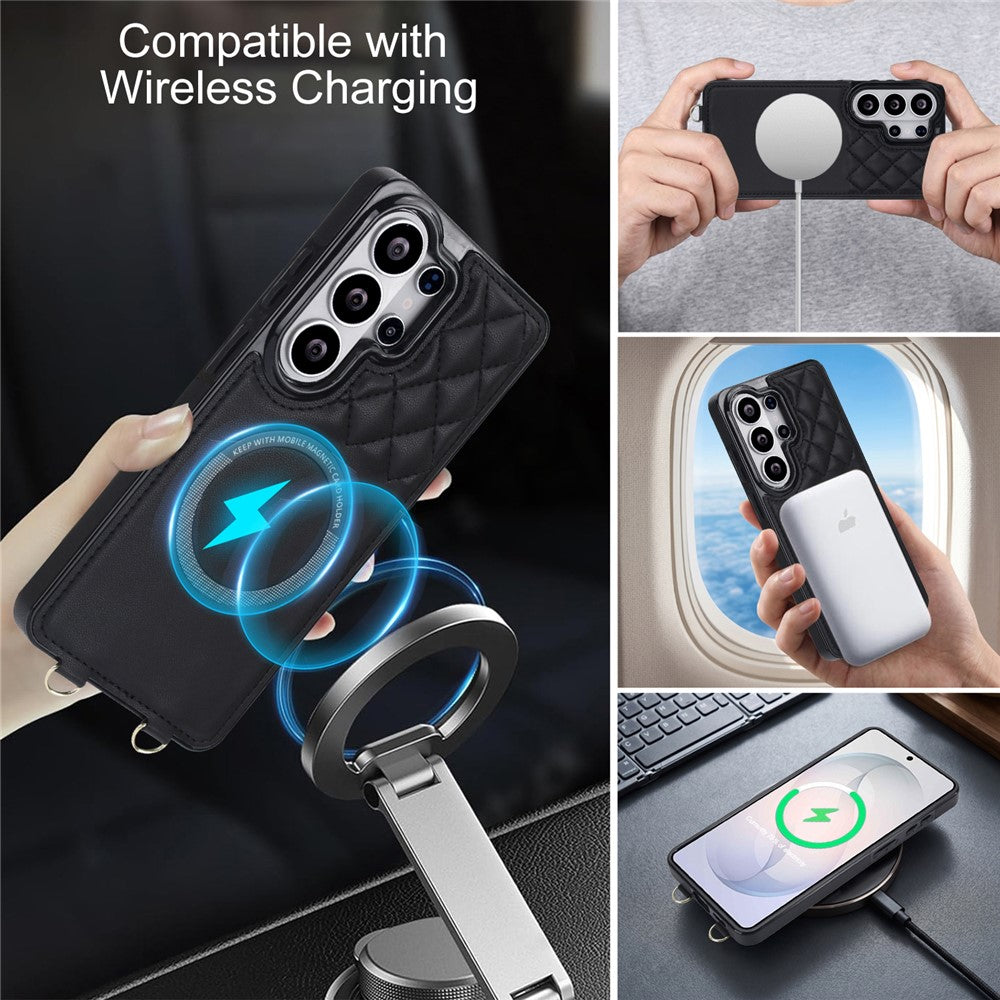 Samsung Galaxy S25 Ultra Magnetiskt Skal Avtagbart Vadderat Blixtlås Korthållare PU Läder mobil Baksida med Axelrem