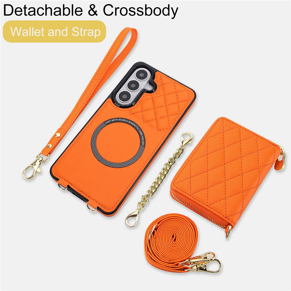 For Samsung Galaxy S25 FE Magnetic Case Detachable Quilted Zipper Card Holder PU Leather Phone Back Cover with Crossbody Strap
