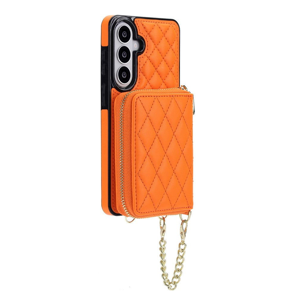 For Samsung Galaxy S25 FE Magnetic Case Detachable Quilted Zipper Card Holder PU Leather Phone Back Cover with Crossbody Strap