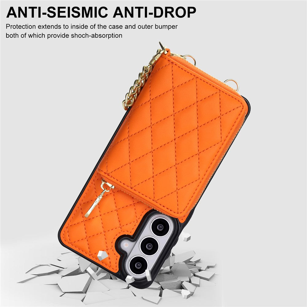 For Samsung Galaxy S25 FE Magnetic Case Detachable Quilted Zipper Card Holder PU Leather Phone Back Cover with Crossbody Strap