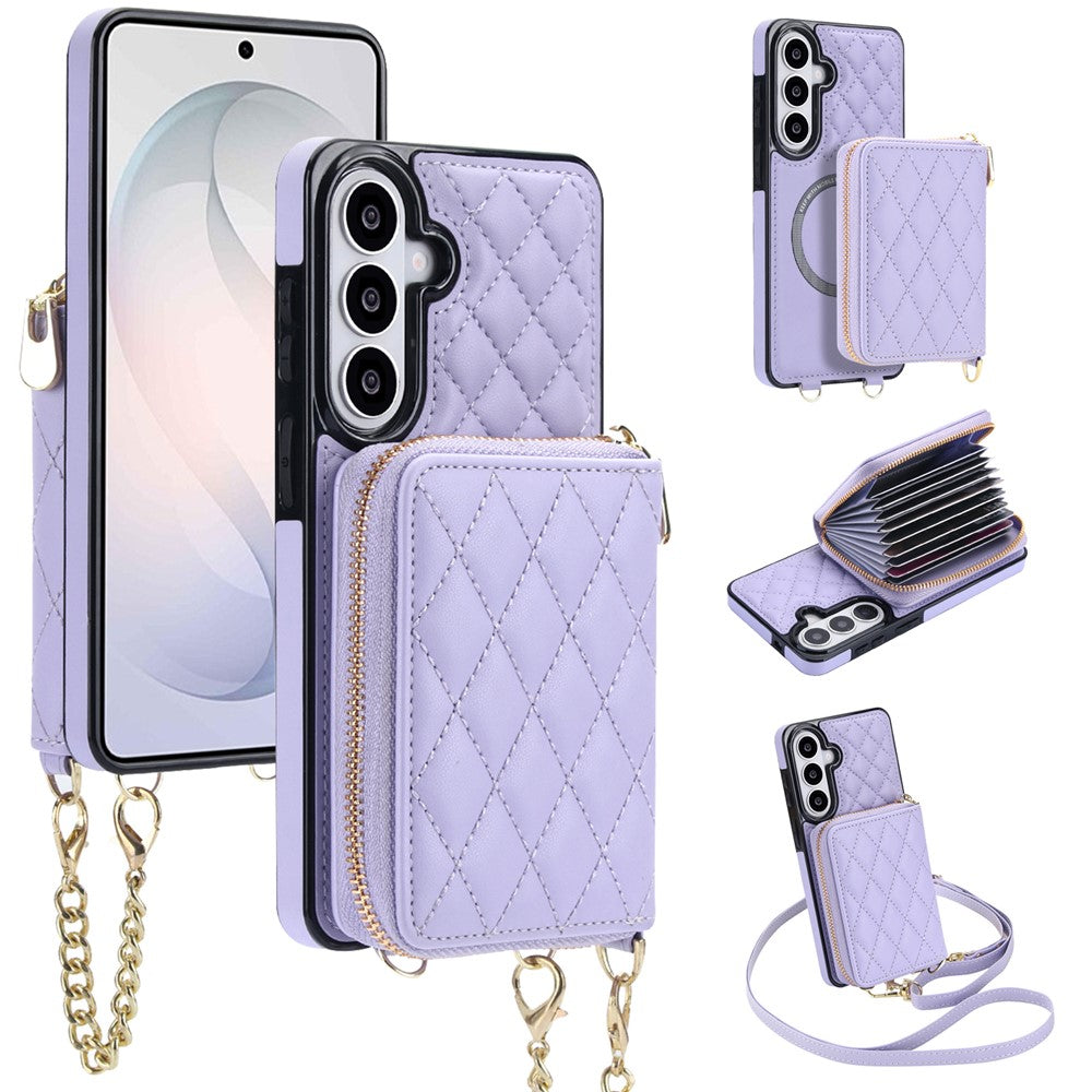 For Samsung Galaxy S25 FE Magnetic Case Detachable Quilted Zipper Card Holder PU Leather Phone Back Cover with Crossbody Strap