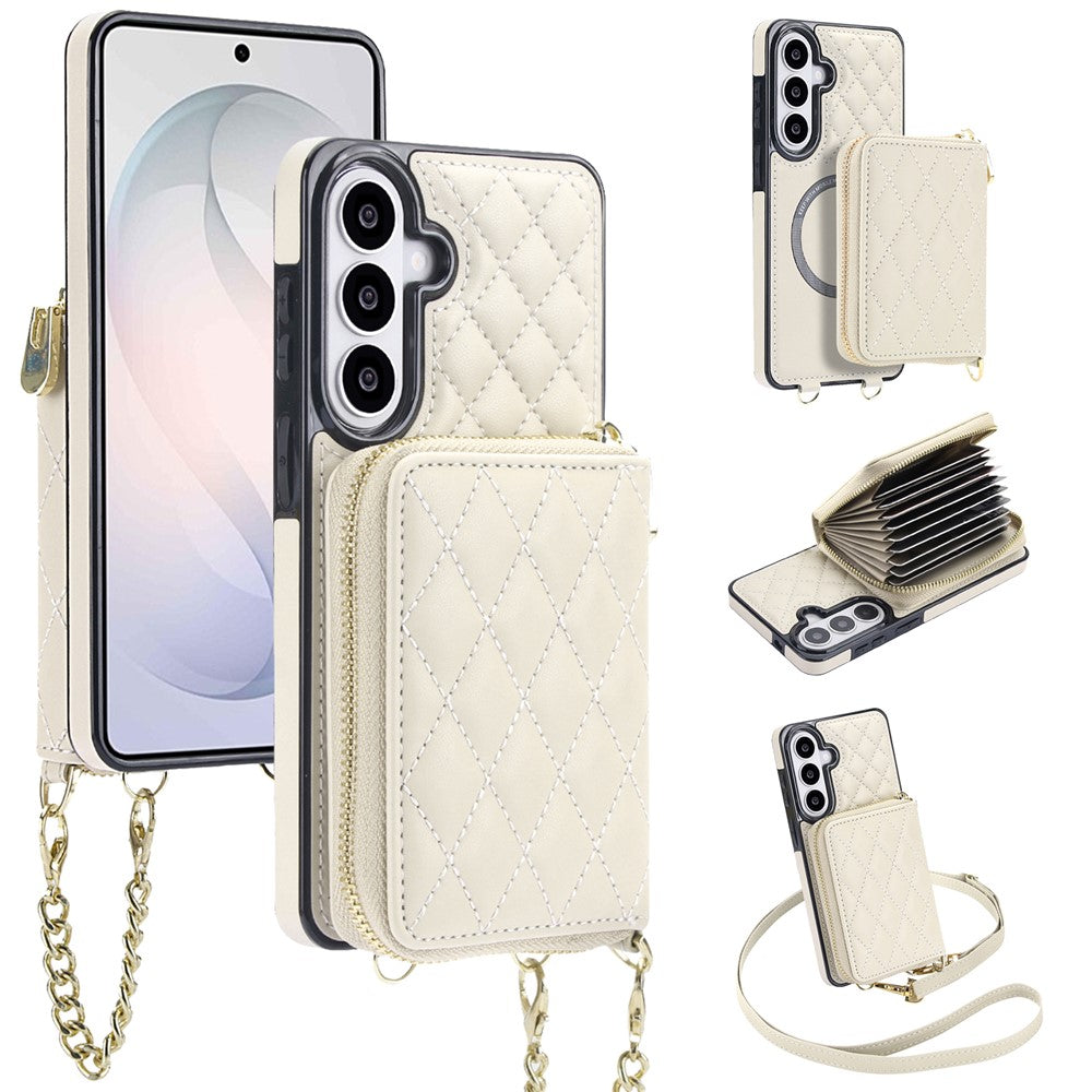 For Samsung Galaxy S25 FE Magnetic Case Detachable Quilted Zipper Card Holder PU Leather Phone Back Cover with Crossbody Strap