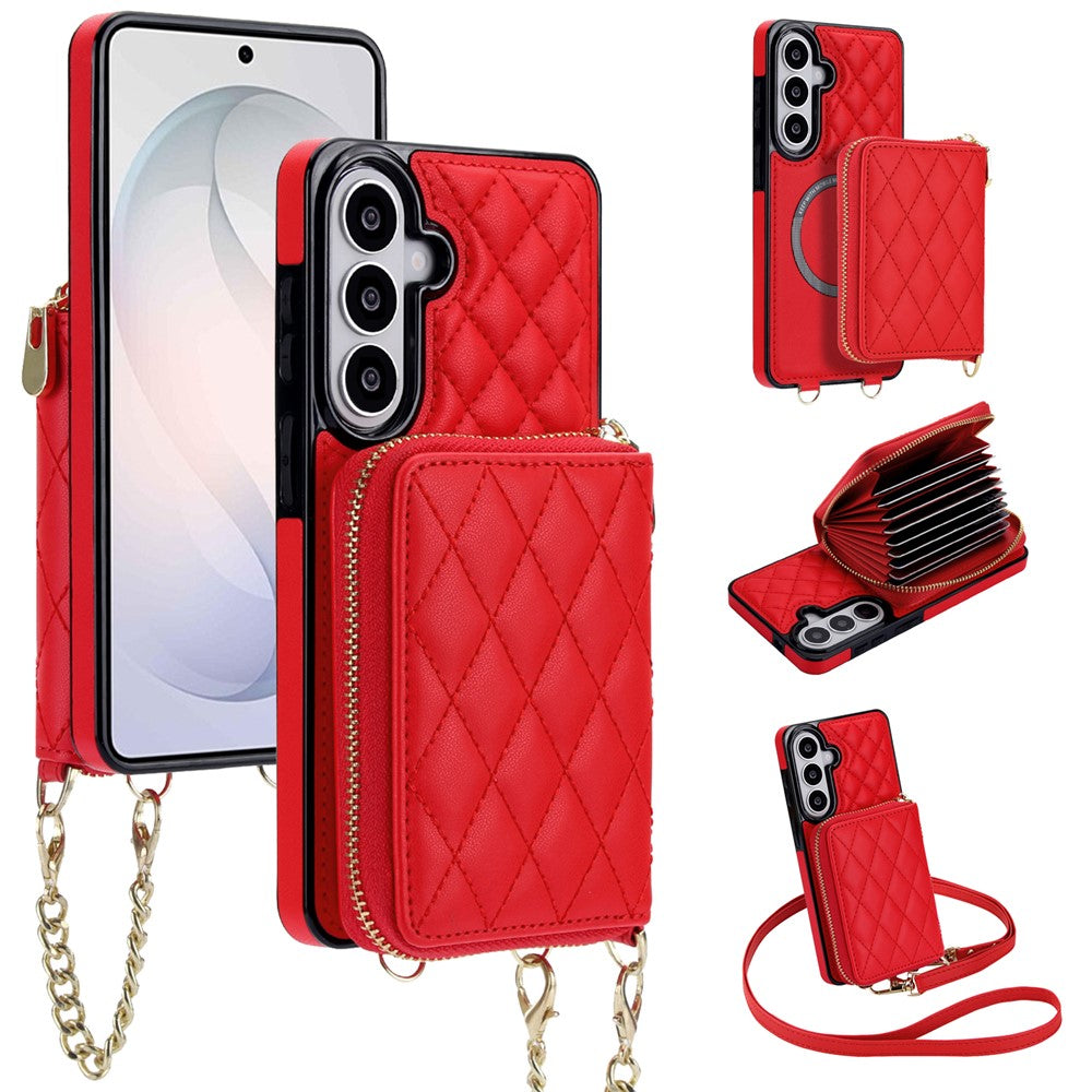 For Samsung Galaxy S24 Magnetic Case Detachable Quilted Zipper Card Holder PU Leather Phone Back Cover with Crossbody Strap