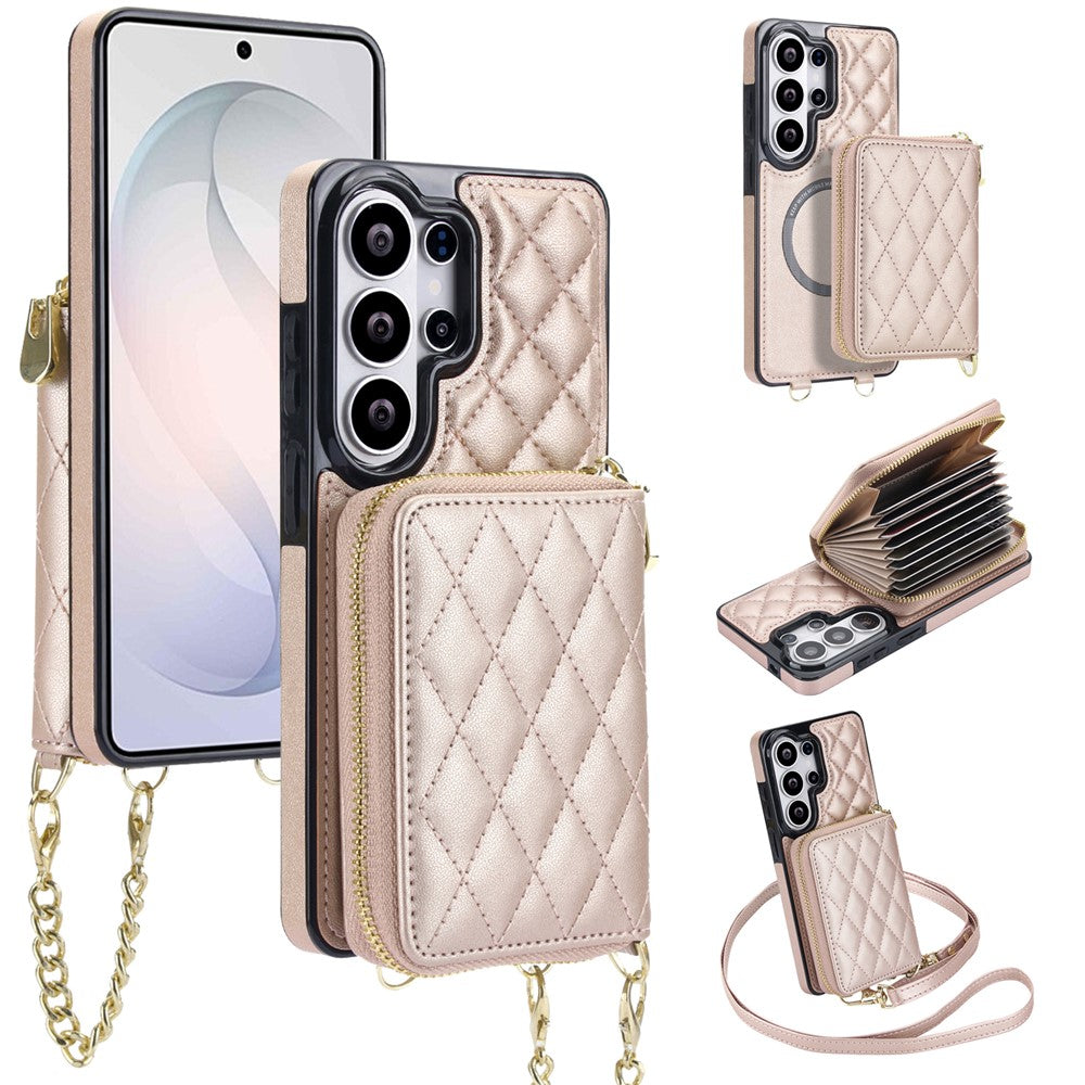 For Samsung Galaxy S24 Ultra Magnetic Case Detachable Quilted Zipper Card Holder PU Leather Phone Back Cover with Crossbody Strap