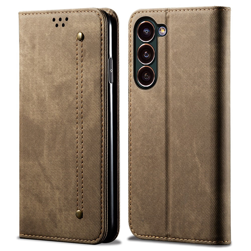 Fallsäkert PU-läderfodral för Samsung Galaxy S23 Jeanstygtextur Skyddande Flip-fodral med stativ