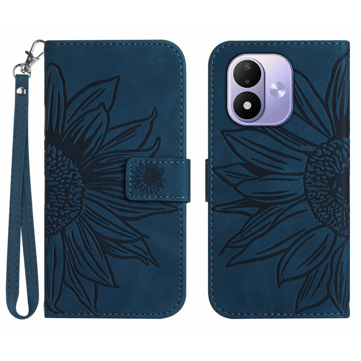 Xiaomi Redmi Note 17 5G (Global) / Xiaomi Redmi Note 17 (Indien/Kina) 5G / Xiaomi Redmi Note 17 4G (Global) etui, pung i læder med solsikkemotiv og håndledsrem