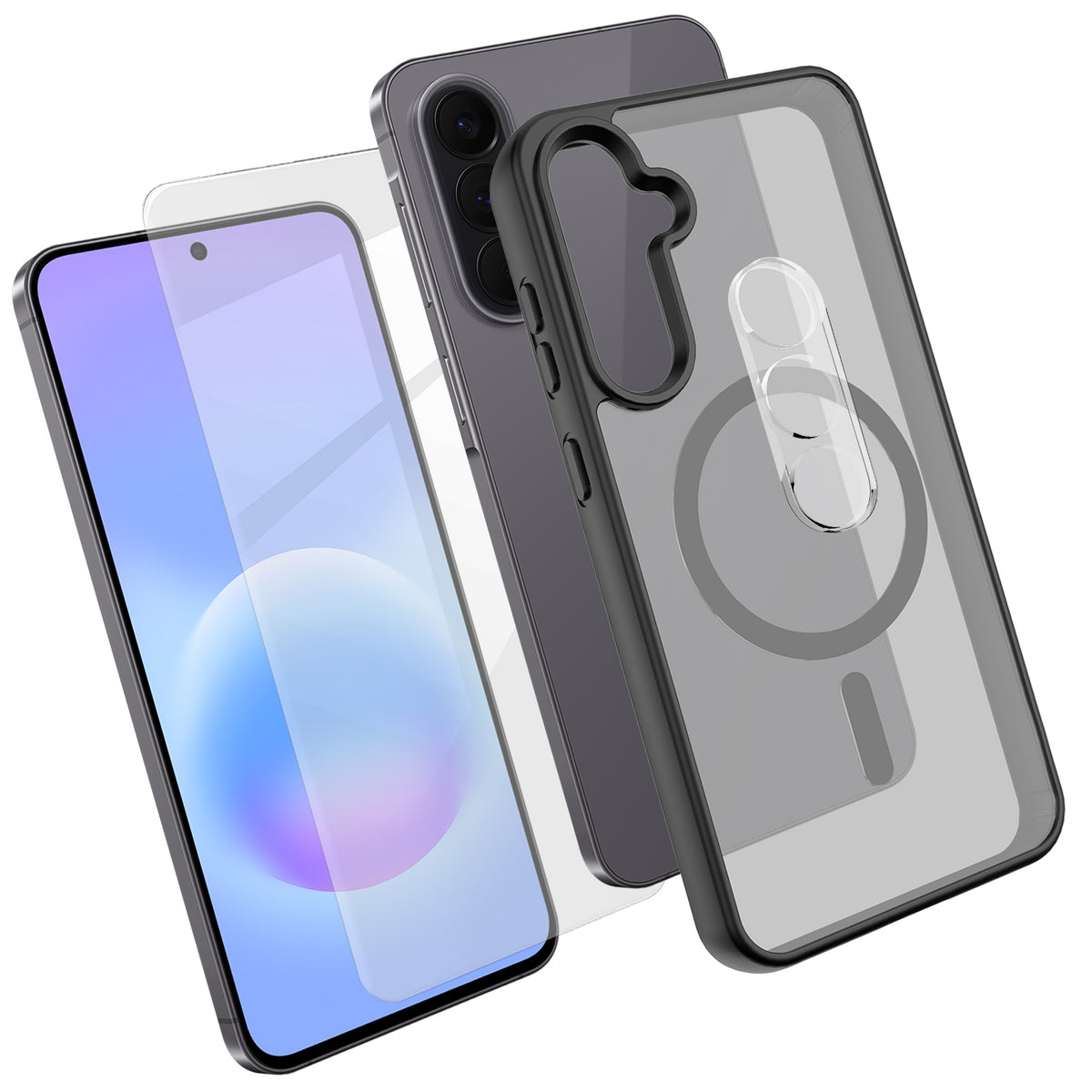 Samsung Galaxy A57 5G Magnetiskt Skal TPU + PC mobilskal med Skärmskydd i Högt Aluminium-Silikon Glas + PC Kameralinsskydd