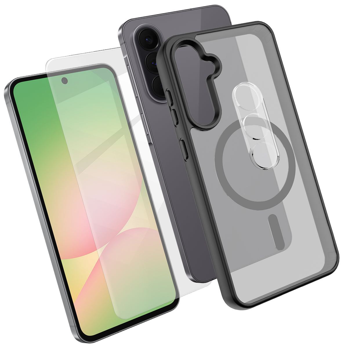 Samsung Galaxy A56 5G magnetisk cover, TPU + PC-mobilcover med skærmbeskyttelse i højtydende aluminium-silikoneglas + PC-kameralinsebeskyttelse