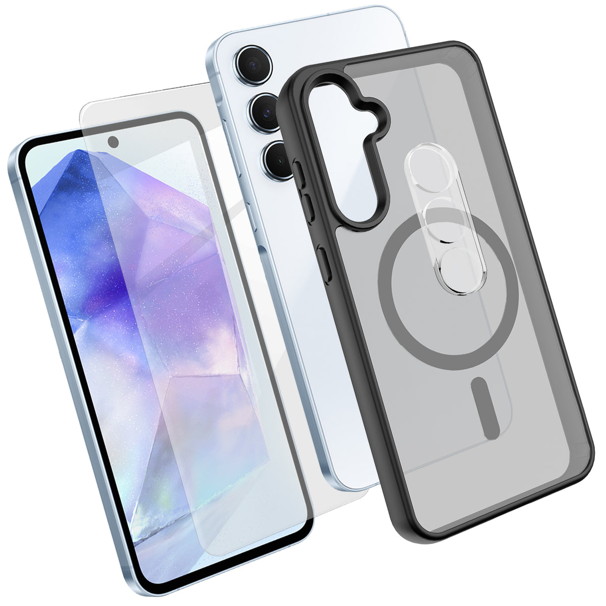 Samsung Galaxy A55 5G Magnetiskt Skal TPU + PC mobilskal med Skärmskydd i Högt Aluminium-Silikon Glas + PC Kameralinsskydd