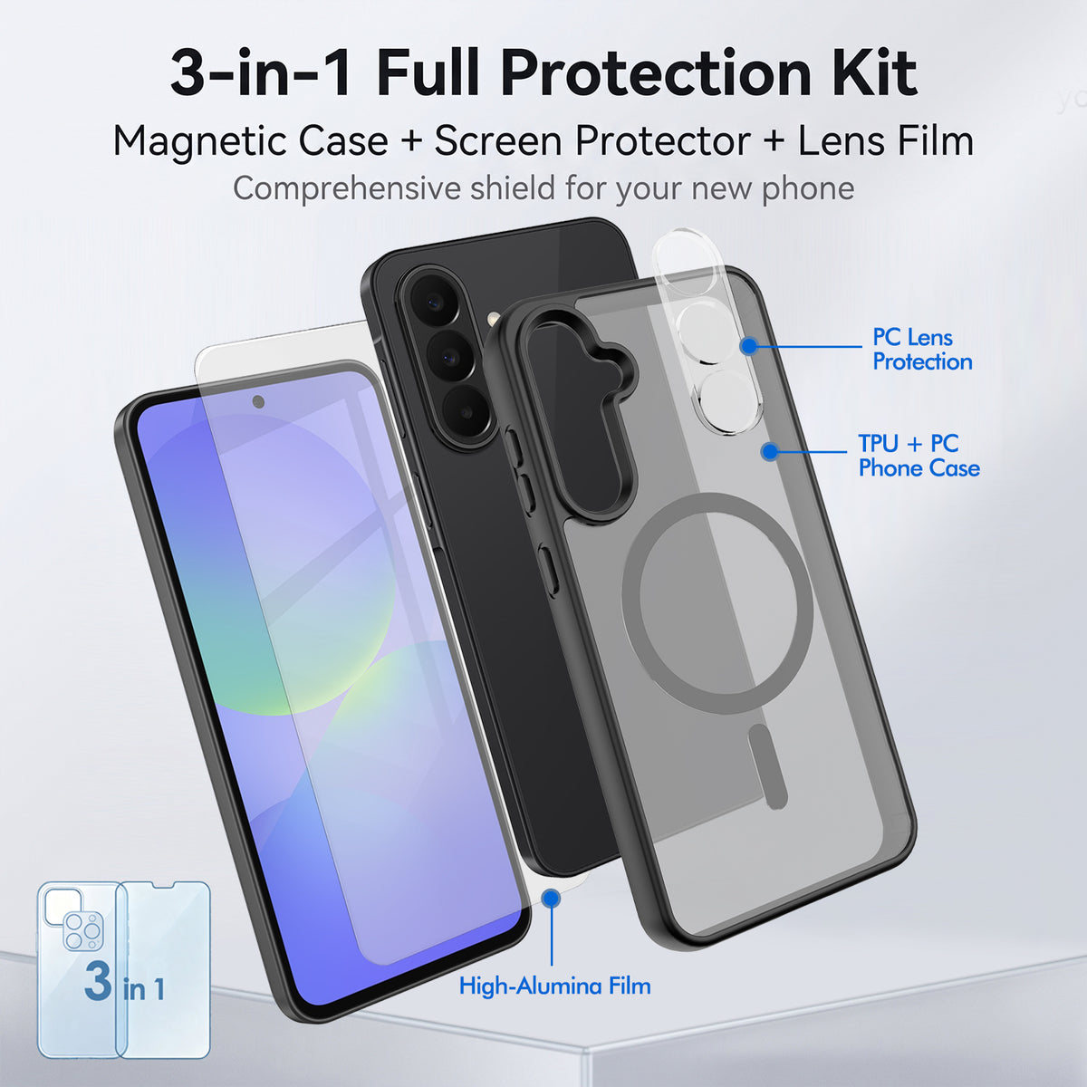 Samsung Galaxy A55 5G Magnetiskt Skal TPU + PC mobilskal med Skärmskydd i Högt Aluminium-Silikon Glas + PC Kameralinsskydd