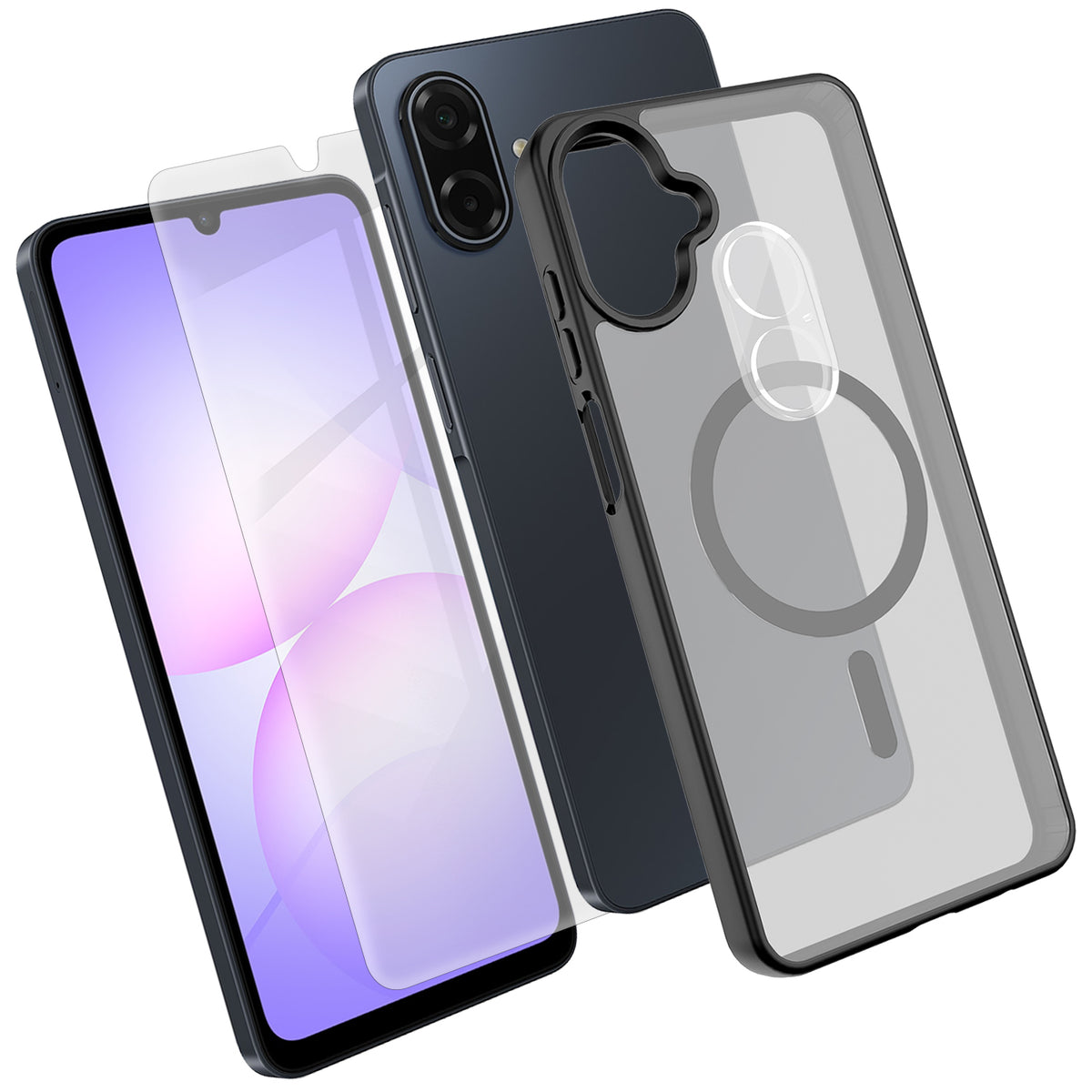 Magnetisk cover til Samsung Galaxy A07 5G / Galaxy A07 4G / A07s 4G, TPU + PC-mobilcover med skærmbeskyttelse i aluminium-siliciumglas af høj kvalitet + PC-kameralinsebeskyttelse