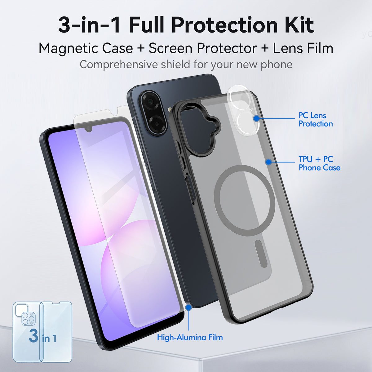 Magnetisk cover til Samsung Galaxy A07 5G / Galaxy A07 4G / A07s 4G, TPU + PC-mobilcover med skærmbeskyttelse i aluminium-siliciumglas af høj kvalitet + PC-kameralinsebeskyttelse