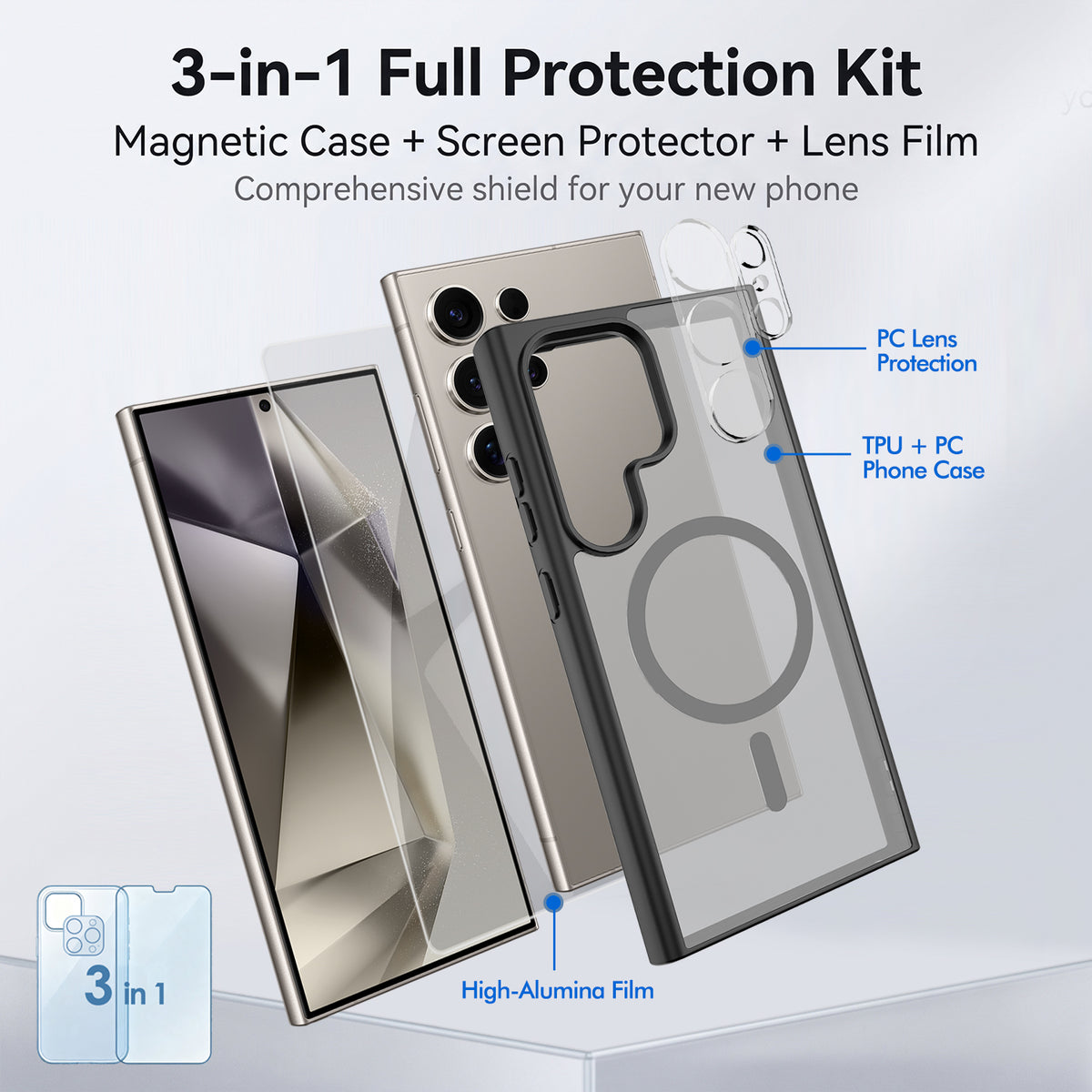 Samsung Galaxy S25 Ultra Magnetiskt Skal TPU + PC mobilskal med Skärmskydd i Högt Aluminium-Silikon Glas + PC Kameralinsskydd