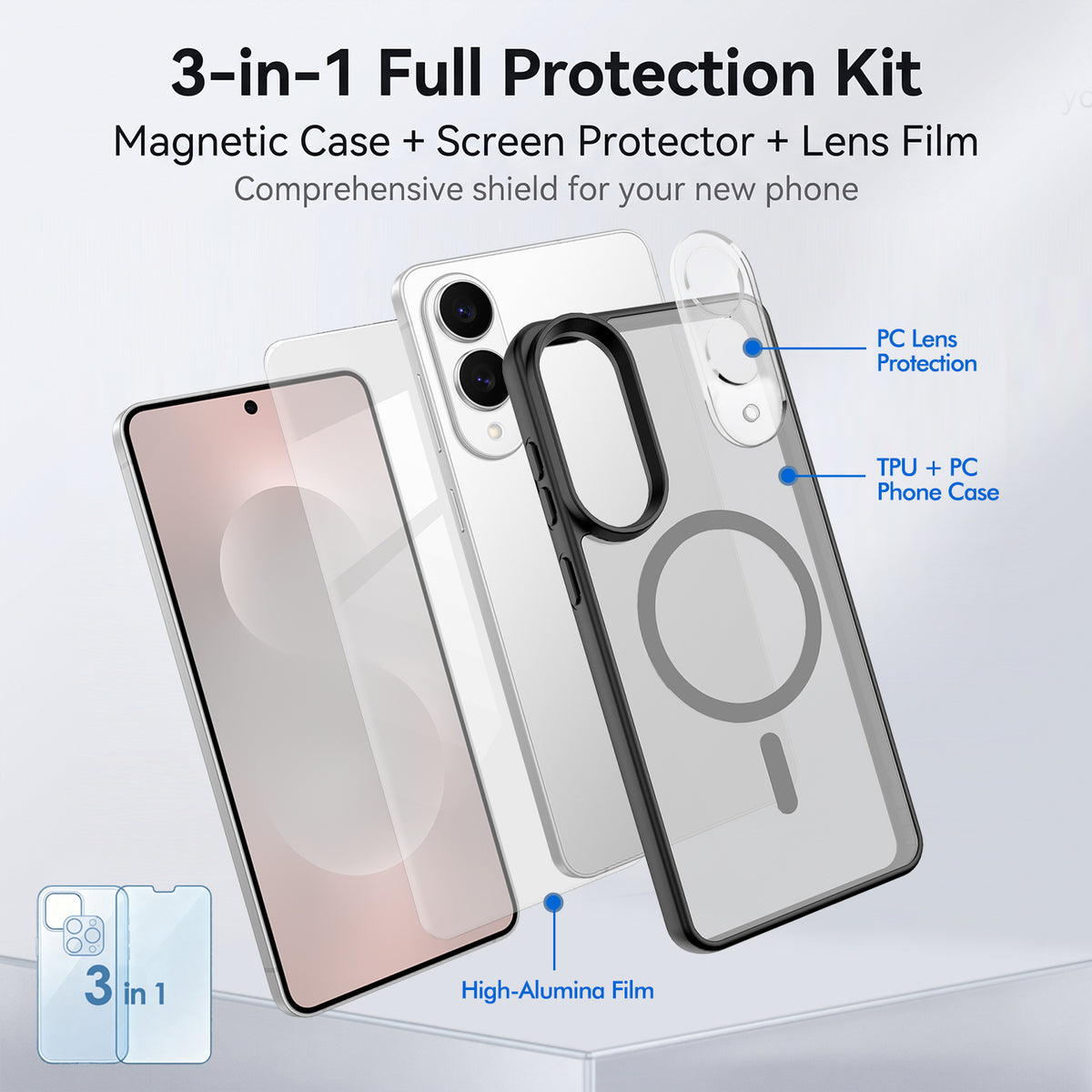 Samsung Galaxy S25 Edge Magnetiskt skal TPU + PC-mobilskal med skärmskydd i högt aluminium-kiselglas + PC-kameralinsskydd