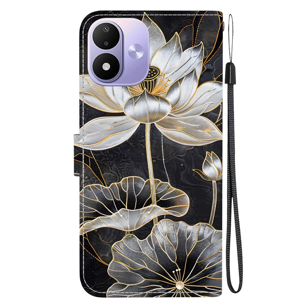 Pung-etui til Xiaomi Redmi Note 17 5G (Global) / 17 4G (Global) / 17 (Indien/Kina) 5G med sammenklappeligt stativ, mønstertryk, PU-læder og håndledsrem