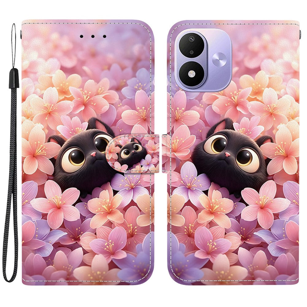 Pung-etui til Xiaomi Redmi Note 17 5G (Global) / 17 4G (Global) / 17 (Indien/Kina) 5G med sammenklappeligt stativ, mønstertryk, PU-læder og håndledsrem