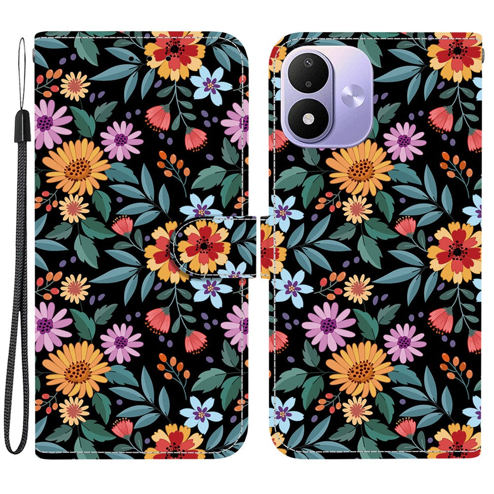 Pung-etui til Xiaomi Redmi Note 17 5G (Global) / 17 4G (Global) / 17 (Indien/Kina) 5G med sammenklappeligt stativ, mønstertryk, PU-læder og håndledsrem