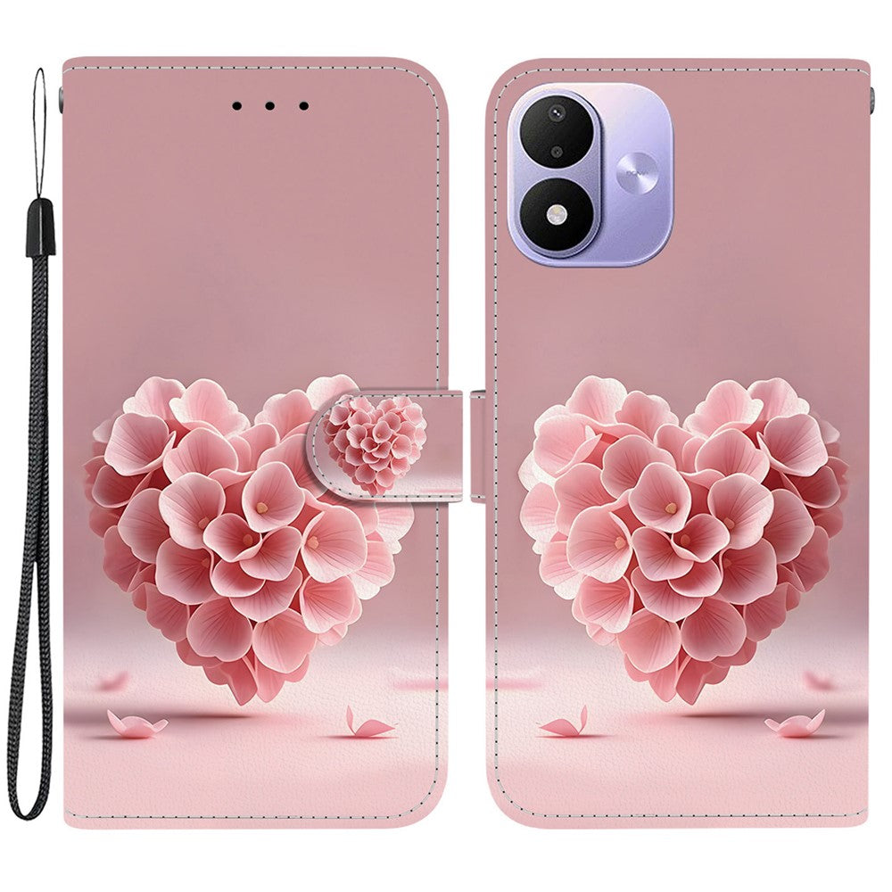 Pung-etui til Xiaomi Redmi Note 17 5G (Global) / 17 4G (Global) / 17 (Indien/Kina) 5G med sammenklappeligt stativ, mønstertryk, PU-læder og håndledsrem