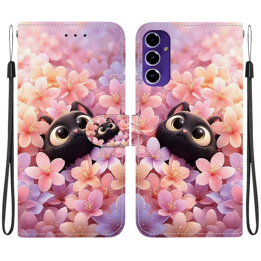 Samsung Galaxy A16 5G / A16 4G-pungcover, flipcover med stander og mønstertryk i PU-læder, med håndledsrem