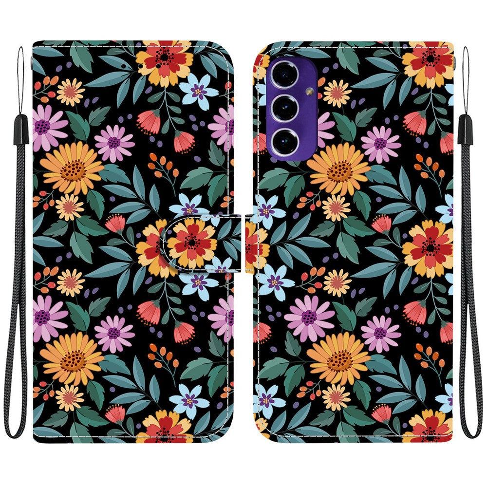 Samsung Galaxy A16 5G / A16 4G-pungcover, flipcover med stander og mønstertryk i PU-læder, med håndledsrem