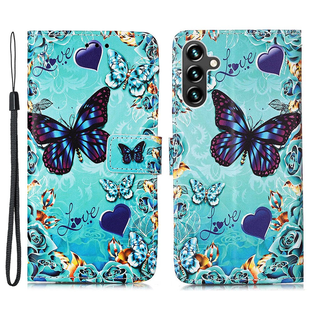 For Samsung Galaxy A54 5G Leather Case with Strap and Card Holder Pattern Printing Phone Stand Cover