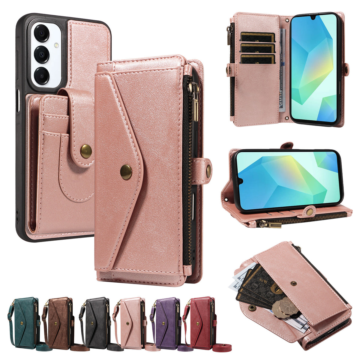 Samsung Galaxy A16 4G / Galaxy M16 5G / Galaxy F16 5G / Galaxy A16 5G-magnetisk etui med aftagelig RFID-blokerende pung, PU-læder + mat TPU-mobilcover med remme