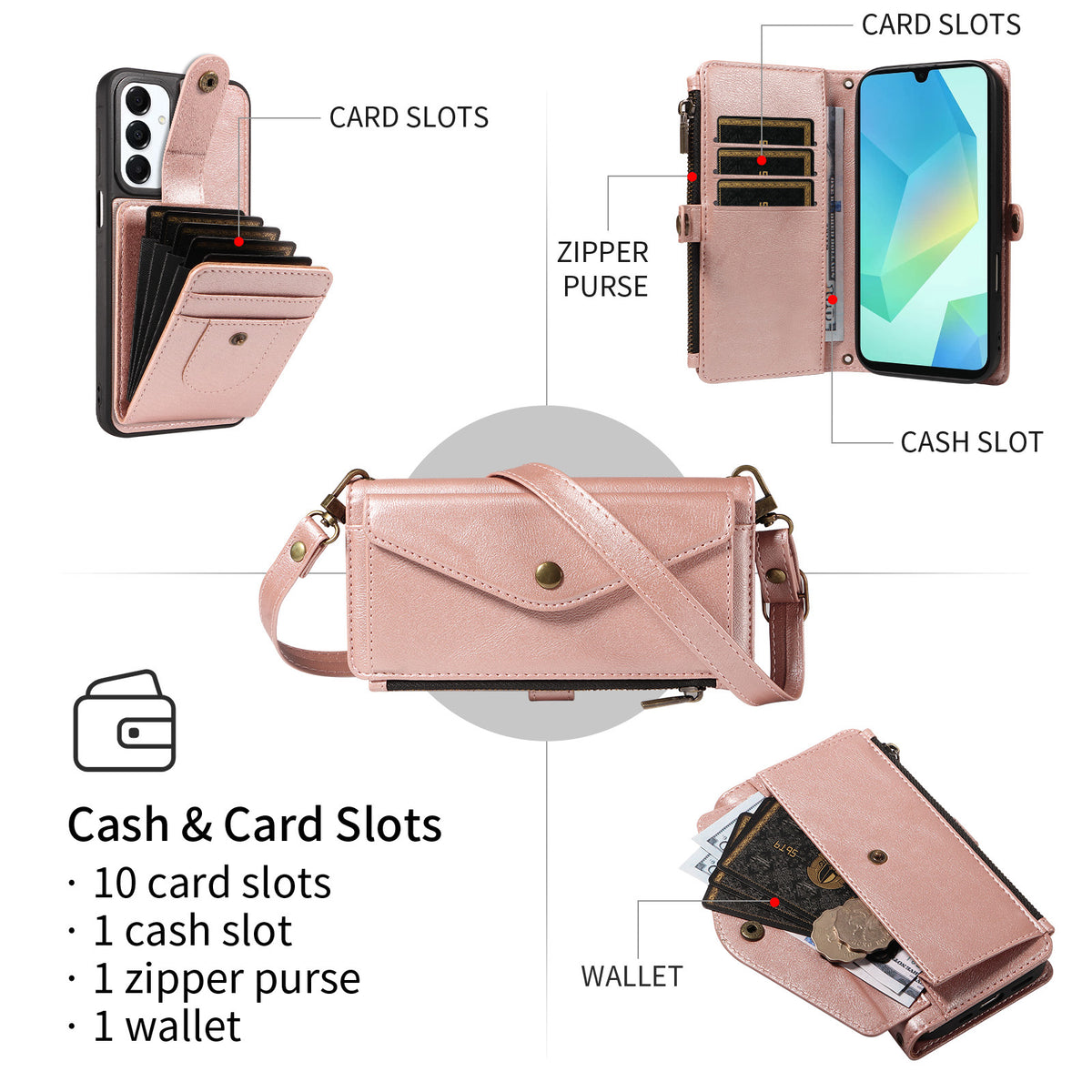 Samsung Galaxy A16 4G / Galaxy M16 5G / Galaxy F16 5G / Galaxy A16 5G-magnetisk etui med aftagelig RFID-blokerende pung, PU-læder + mat TPU-mobilcover med remme