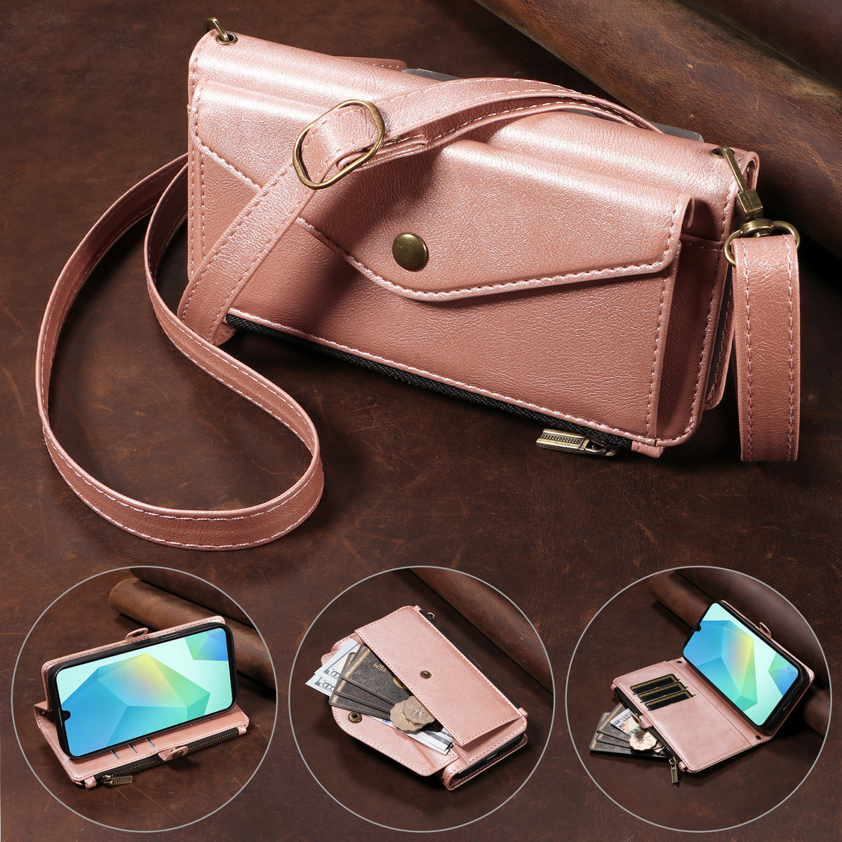 Samsung Galaxy A16 4G / Galaxy M16 5G / Galaxy F16 5G / Galaxy A16 5G-magnetisk etui med aftagelig RFID-blokerende pung, PU-læder + mat TPU-mobilcover med remme
