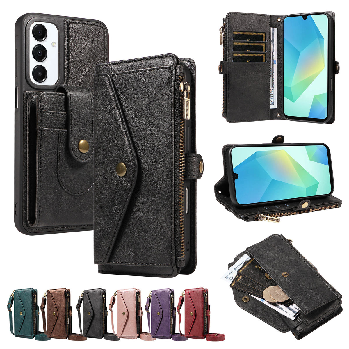 Samsung Galaxy A16 4G / Galaxy M16 5G / Galaxy F16 5G / Galaxy A16 5G-magnetisk etui med aftagelig RFID-blokerende pung, PU-læder + mat TPU-mobilcover med remme