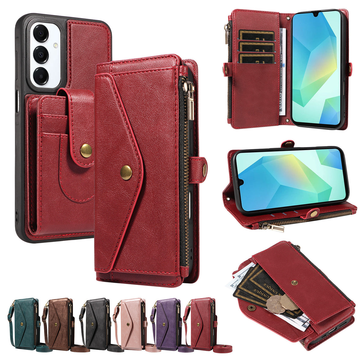 Samsung Galaxy A16 4G / Galaxy M16 5G / Galaxy F16 5G / Galaxy A16 5G-magnetisk etui med aftagelig RFID-blokerende pung, PU-læder + mat TPU-mobilcover med remme