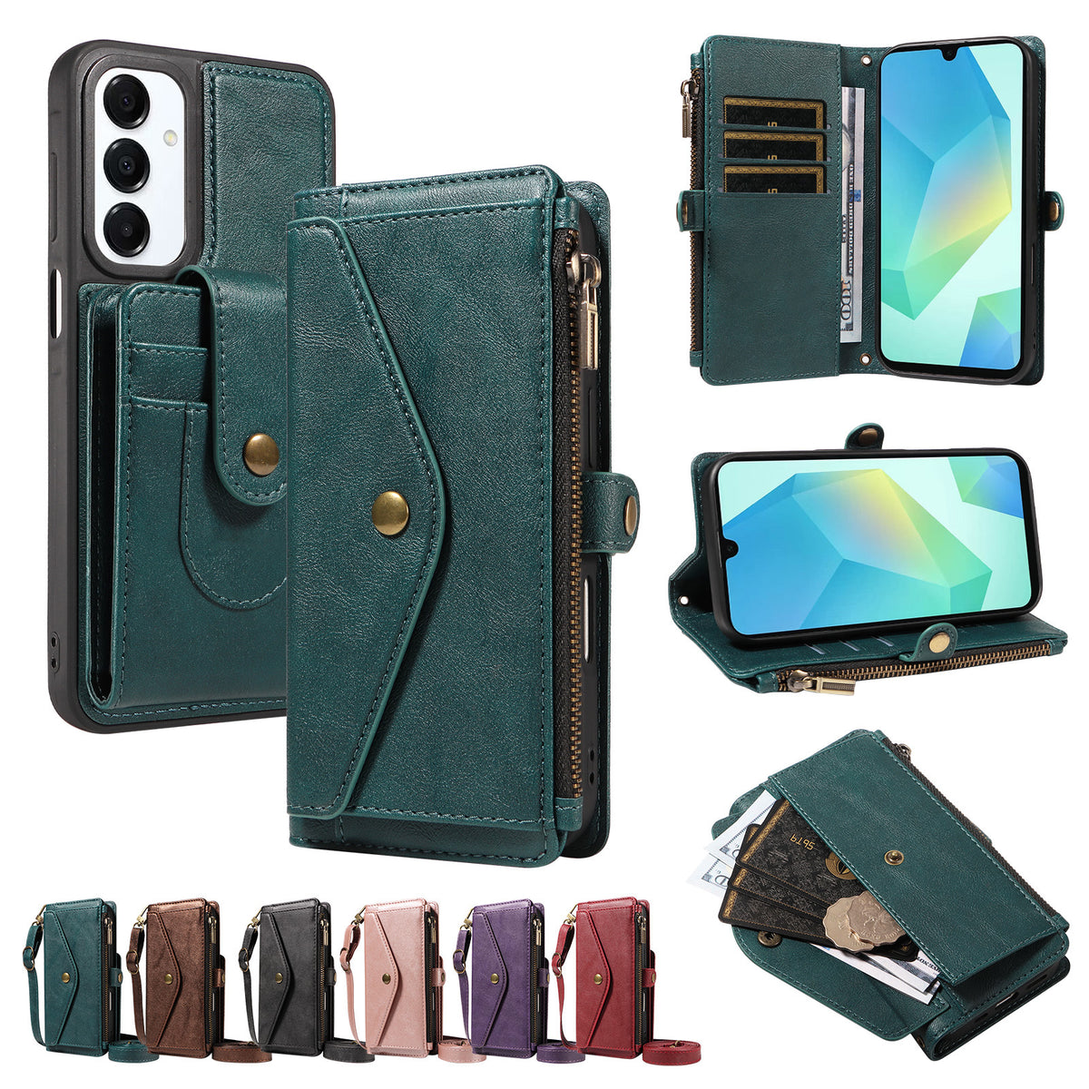 Samsung Galaxy A16 4G / Galaxy M16 5G / Galaxy F16 5G / Galaxy A16 5G-magnetisk etui med aftagelig RFID-blokerende pung, PU-læder + mat TPU-mobilcover med remme
