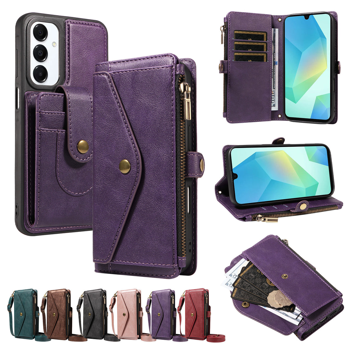 Samsung Galaxy A16 4G / Galaxy M16 5G / Galaxy F16 5G / Galaxy A16 5G-magnetisk etui med aftagelig RFID-blokerende pung, PU-læder + mat TPU-mobilcover med remme