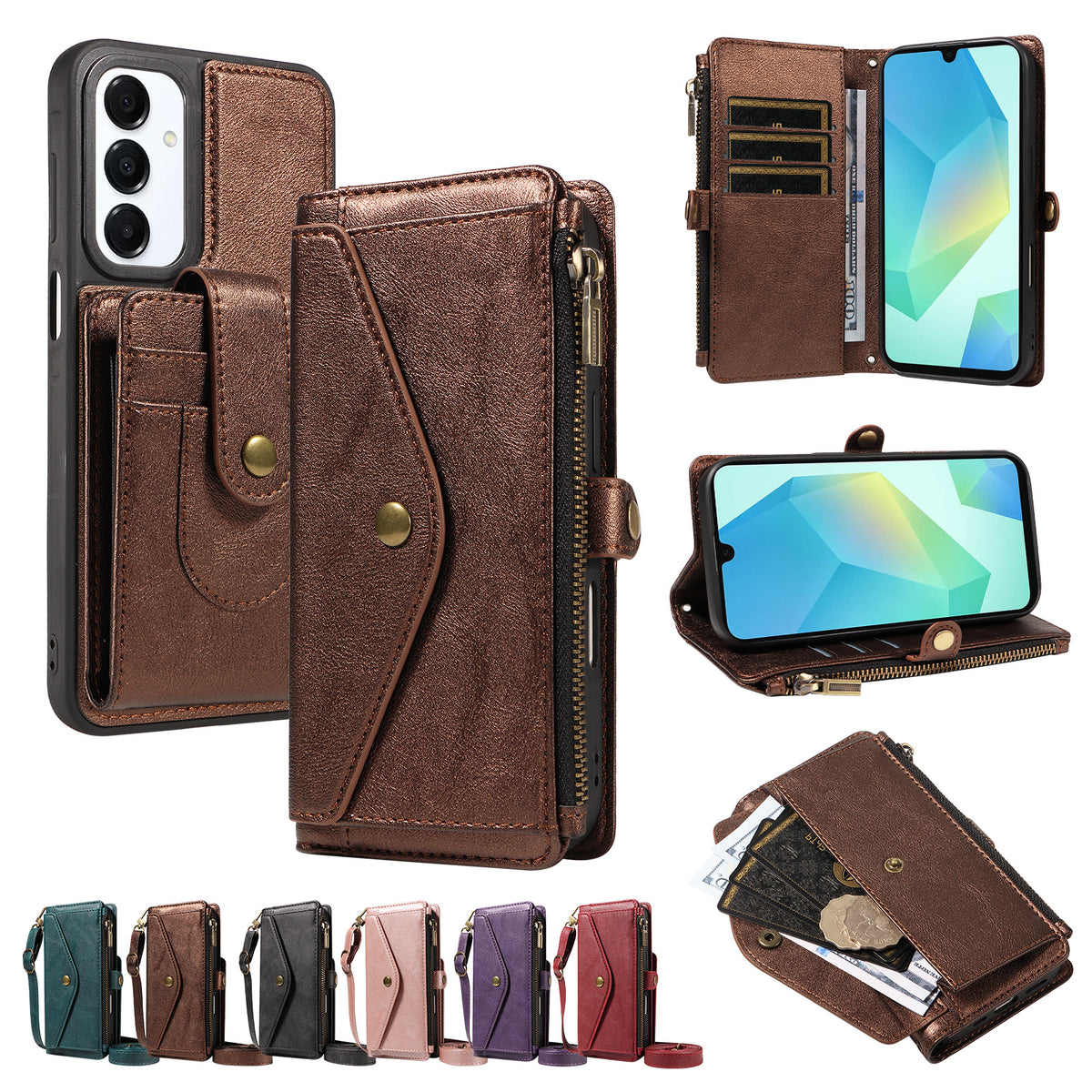 Samsung Galaxy A16 4G / Galaxy M16 5G / Galaxy F16 5G / Galaxy A16 5G-magnetisk etui med aftagelig RFID-blokerende pung, PU-læder + mat TPU-mobilcover med remme